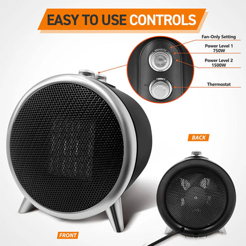 Front and back views of Vintage Inspired Ceramic Space Heater That Cranks Up The Warmth Fast, 1500W Portable Desktop Electric Heater With Thermostat, Black.