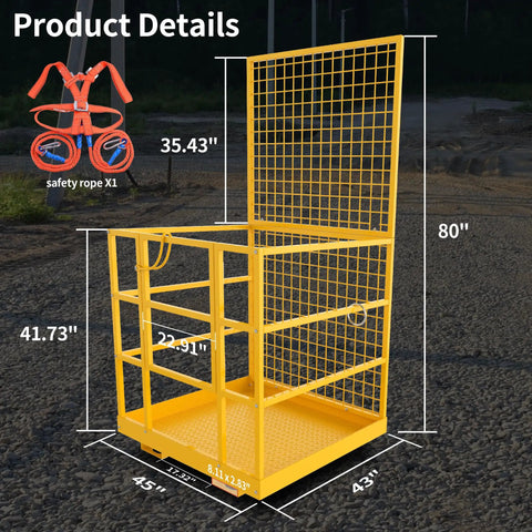 Tough As Nails Heavy Duty Forklift Man Basket And Safety Cage With 1300 Pound Capacity showing dimensions and safety harness.