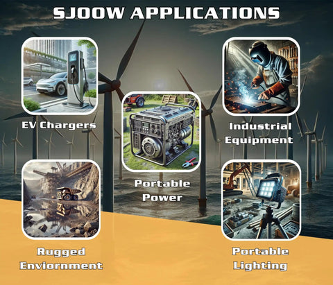 SJOOW applications showcasing Heavy Duty Rugged Power Cable Cord 10 Ft 16 3 SJOOW 16 AWG for EV chargers and industrial use.