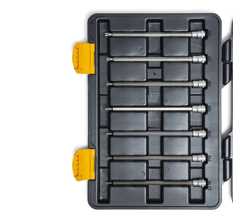 Top view of Torx Bit Socket Master Set, 49 Piece, One Quarter Inch, Three Eighths Inch, One Half Inch Drive, organized in black case
