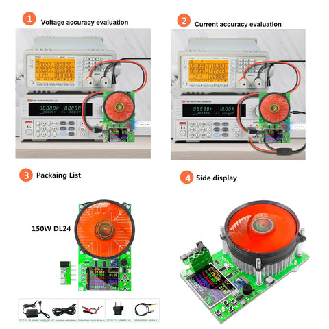 Powerful 150W 4 Wire Electronic Load Tester with 2.4 Inch LCD app control displayed with testing equipment and packing list