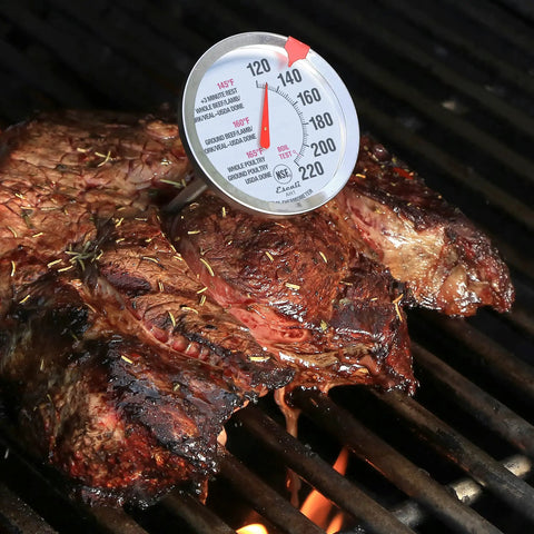 Stainless Steel Oven Safe Meat Thermometer with Extra Large 2.5 Inch Dial and Clear Temperature Labels for Beef Poultry Pork and Veal Pro Grade Kitchen Tool Chefs Rely On Silver NSF Certified inserted into grilled meat on a BBQ.