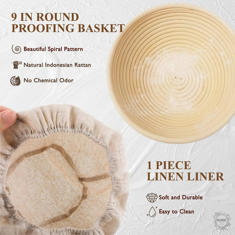 Sourdough Starter Kit With Glass Jar Banneton Bread Proofing Basket And 9 Inch Round Proofing Bowl, rattan spiral pattern.