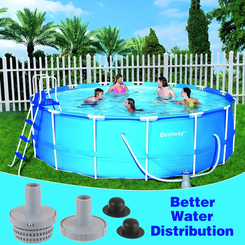 Family enjoying an above ground pool featuring Pool Inlet Strainer Water Jet Connector Kit for Intex pools with 1.25 inch fittings.
