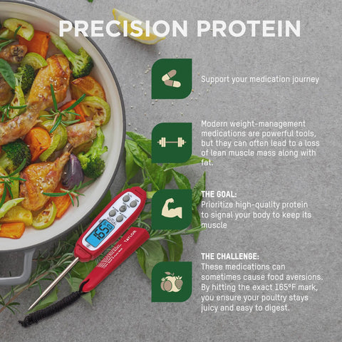 Instant Read Digital Meat Thermometer For GLP-1 Meal Prep next to a pan with chicken and vegetables highlighting temp check benefits.