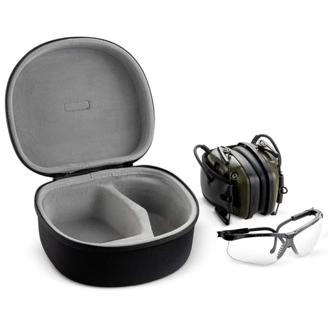 Hard EVA Travel Case For Howard Leight Impact Sport Earmuffs And Genesis Safety Glasses, open case beside earmuffs and glasses
