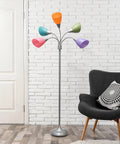 67 Inch Contemporary Medusa Five Light Adjustable Gooseneck Floor Lamp With Silver Finish And Colorful Shades In Green Lilac Coral Teal Pink.