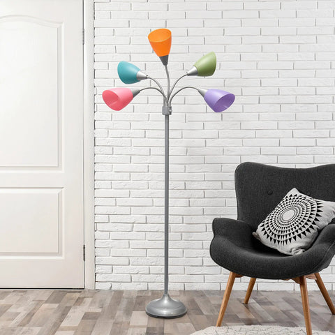 67 Inch Contemporary Medusa Five Light Adjustable Gooseneck Floor Lamp With Silver Finish And Colorful Shades In Green Lilac Coral Teal Pink.