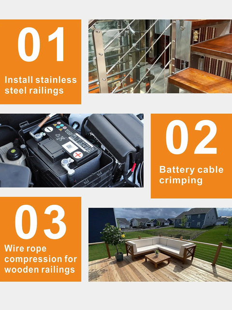 Collage showing uses of the 8 Ton Hydraulic Wire Rope Crimping Tool For Stainless Cable Railing Fittings, Hand Swager And Cutter Kit