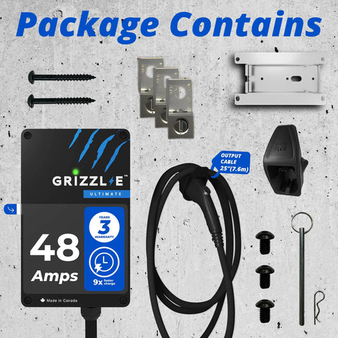 Ultimate 48A Level 2 EV Charger with mounting bracket, screws, 25-foot J1772 cable, and hardwire kit components