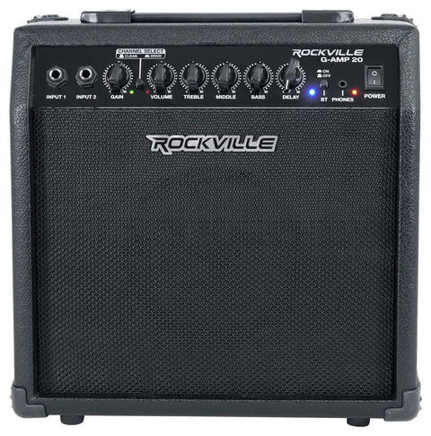 Front view of 20 Watt Guitar Amp Combo With Bluetooth Built In Delay Dual Guitar Inputs Clean And Overdrive Modes Six Point Five Inch Speaker EQ Controls Portable Practice Amp For Small Gigs And Jams.