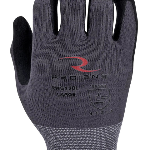 Knockout Grip Industrial Work Gloves With Foam Nitrile Palm Dip And Breathable Nylon Spandex Shell For Sure Handling And Dexterous Construction Tasks In Gray XL, showing the palm view.