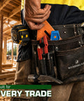 Worker wearing 6 Pocket Oil Tanned Leather Tool Belt For 29 To 46 Inch Waists in a construction setting