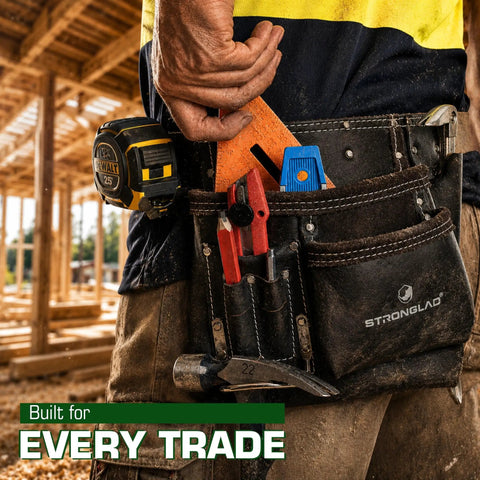 Worker wearing 6 Pocket Oil Tanned Leather Tool Belt For 29 To 46 Inch Waists in a construction setting