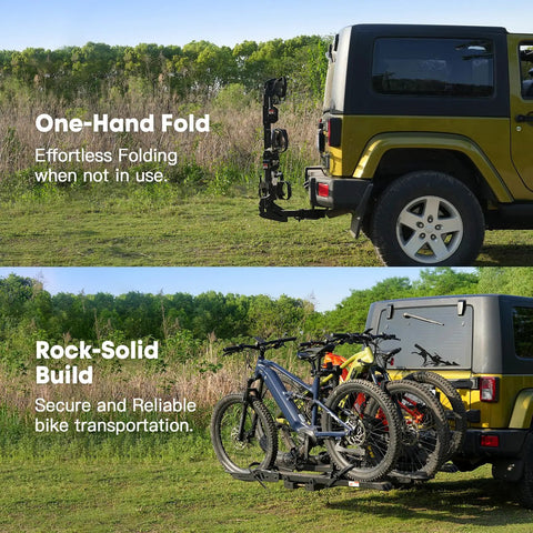Beefy Ebike Rack With Ramp for 2 Inch Hitch, 300 Lb Capacity, Fits Bikes Up To 5 Inch Wide And 52 Inch Wheelbase, Stable V Shaped Design, Easy Load And Safe Transport on Jeep with bikes