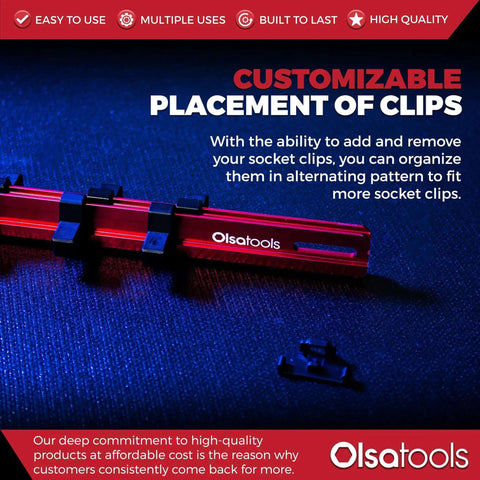 Three Eighths Inch Drive Aluminum Socket Organizer With Locking End Caps Beefy Ball Bearing Clips Pro Grade Heavy Duty Socket Holder Rack Durable Red Storage Tray For Mechanics Keeps Sockets Handy And Organized Part 1171 shown on blue background with customizable clip placement