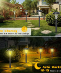Solar Pathway Lights 12 Pack Outdoor Waterproof Landscape Lighting in garden showing RGB and warm white modes, day and night view