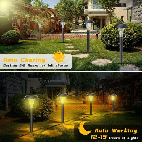 Solar Pathway Lights 12 Pack Outdoor Waterproof Landscape Lighting in garden showing RGB and warm white modes, day and night view