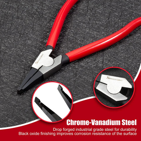 8 Inch Lock Ring Pliers with Special Angle Tips, red Plastisol grips, for installing and removing circlips, gearshift locking rings.