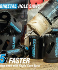 Bi-Metal Master Electrician Hole Saw Kit, Seventeen-Piece Set displayed with hole saws and Rapid Core Eject feature