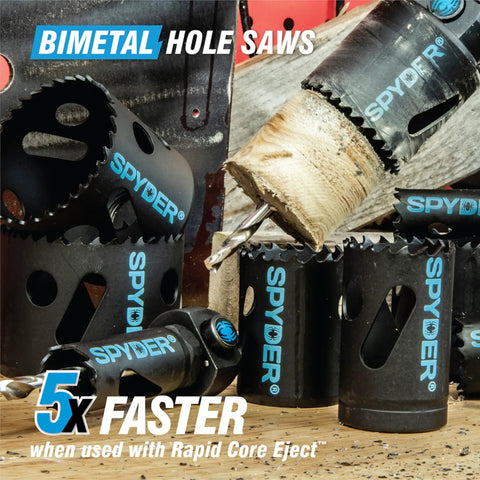 11-Piece Bi-Metal Hole Saw Kit with 7 Hole Saws from 3/4 to 2-1/2 in, Hex8 Hex10 HSS Pilot Bits, shown cutting wood