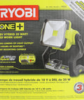 One Plus 1800 Lumen 18V Hybrid LED Work Light With Flat Standing Base Onboard Mounting Options Corded Or Cordless Use Light Only Battery And Extension Cord Not Included packaging