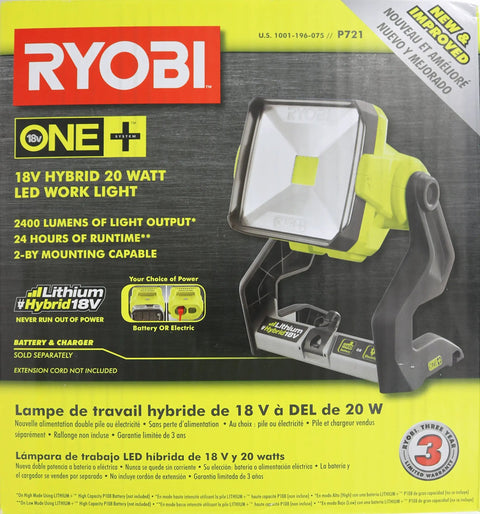 One Plus 1800 Lumen 18V Hybrid LED Work Light With Flat Standing Base Onboard Mounting Options Corded Or Cordless Use Light Only Battery And Extension Cord Not Included packaging