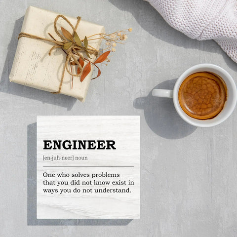 Engineer Definition Decor Box Sign For Office And Home Nerdy Wooden Gift For Civil Software Mechanical Electrical Engineers Great Desk Decor For Coworkers Friends And Family Rustic 5x5 Inches with gift and coffee cup.