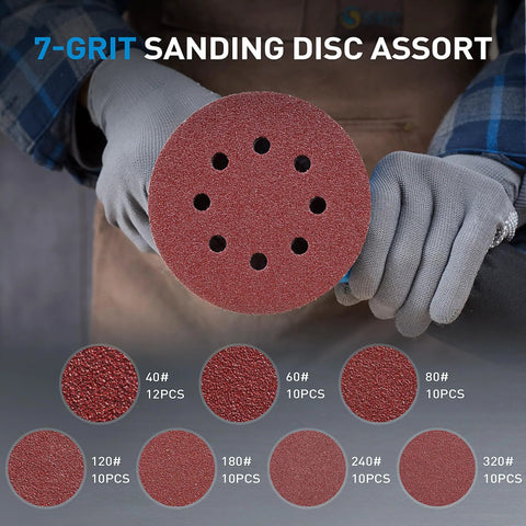 Person holding 72 Piece 5 Inch 8 Hole Hook And Loop Sanding Discs Set For Random Orbital Sander With Adhesive Backing Assorted Grits