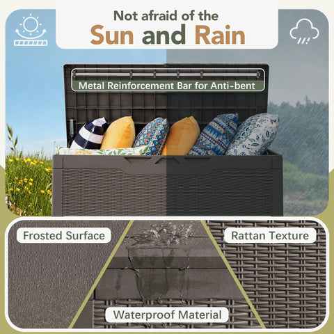 98 Gallon Waterproof Resin Deck Box With Cushion Lockable Outdoor Storage Bench showing open lid with cushions inside and material details
