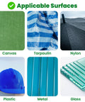 Applicable surfaces for Waterproof Self Adhesive Patch Repair Tape Kit include canvas, tarpaulin, nylon, plastic, metal, and glass.