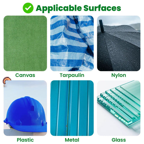 Applicable surfaces for Waterproof Self Adhesive Patch Repair Tape Kit include canvas, tarpaulin, nylon, plastic, metal, and glass.