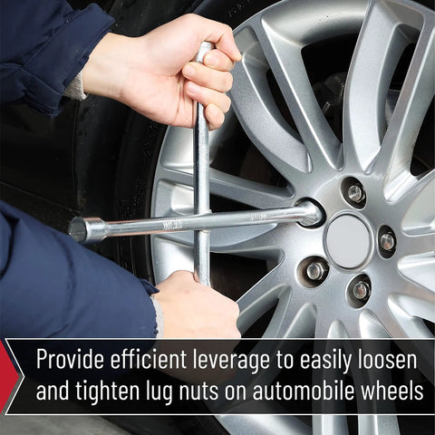 Person using 14 Inch Cross Lug Wrench With 4 Way Sockets on car wheel, demonstrating torque and leverage on lug nuts