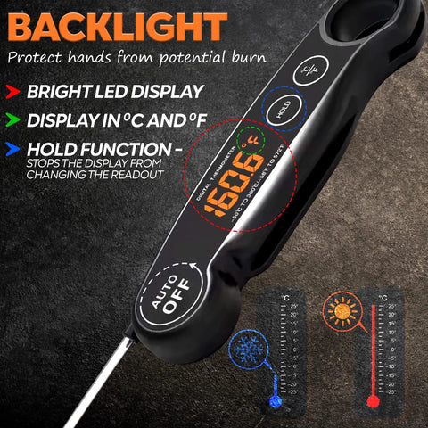 Close-up of 1 Second Instant Read Meat Thermometer Rechargeable Digital Kitchen Thermometer with backlight display
