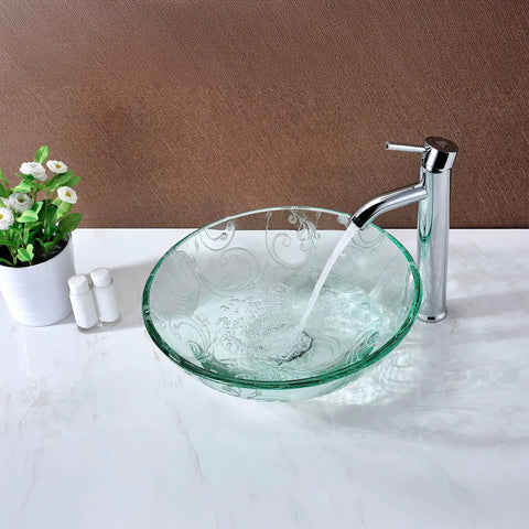 Vieno Series Vessel Sink With Pop Up Drain In Crystal Clear Floral Finish, glass design on bathroom countertop.
