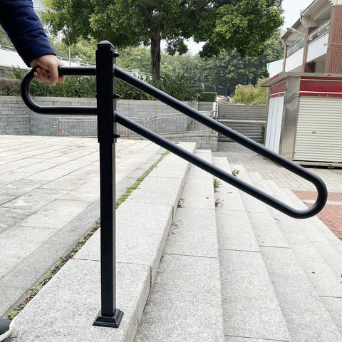 Tough As Nails Outdoor Single Post Wrought Iron Stair Rail For 1 To 3 Steps, Heavy Duty Metal Handrail With Powder Coated Rust Resistant Finish, Weatherproof Porch Or Garage Stair Railing, 28 Inch Long By 8.5 Inch Wide Base, 35.5 Inch Tall