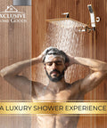 Man using 8 Inch Dual Square Rain Shower Head With Handheld Wand And 71 Inch Hose All Metal Construction shower set