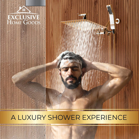 Man using 8 Inch Dual Square Rain Shower Head With Handheld Wand And 71 Inch Hose All Metal Construction shower set