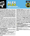 Product label for Alex Flex Flexible Spackling White 16 Oz Won’t Sink Shrink Or Crack Sandable And Paintable For Interior And Exterior Use Ready To Use Formula For Cracks And Gaps In Drywall.