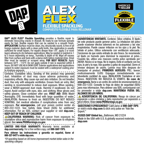 Product label for Alex Flex Flexible Spackling White 16 Oz Won’t Sink Shrink Or Crack Sandable And Paintable For Interior And Exterior Use Ready To Use Formula For Cracks And Gaps In Drywall.