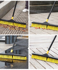 Heavy Duty 24 Inch Push Broom With Adjustable Telescoping Handle Up To 65 Inches cleaning leaves from pavement outdoors.