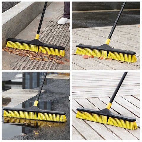 Heavy Duty 24 Inch Push Broom With Adjustable Telescoping Handle Up To 65 Inches cleaning leaves from pavement outdoors.