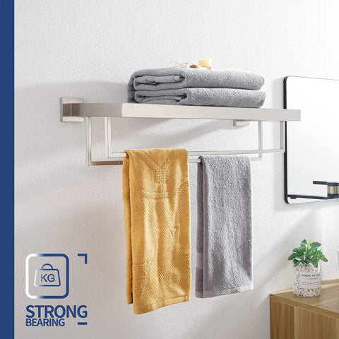24 Inch Double Towel Rack And Shelves In Brushed Nickel Stainless Steel Wall Mount With Rustproof SUS304 Two Bars Bath Organizer
