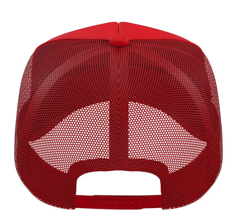 Cool Red Machinist Trucker Hat With Structured Foam And Adjustable Mesh Back with breathable mesh back view.