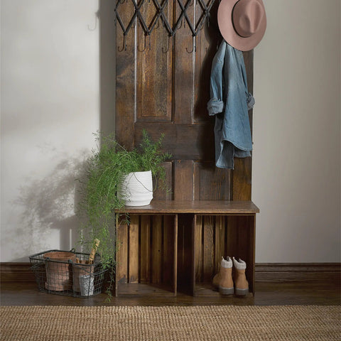 Wooden entryway bench with coat hooks and decor, showcasing one coat polyurethane protective wood finish in clear gloss.
