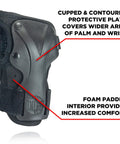 Slide On Derby Wrist Guards For Roller Derby, Unrestricted Finger Motion, with cupped palm and wide protective plate.