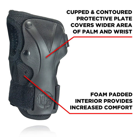 Slide On Derby Wrist Guards For Roller Derby, Unrestricted Finger Motion, with cupped palm and wide protective plate.
