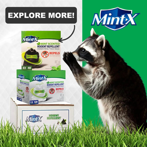 Rodent-Repellent Trash Bags With Drawstring And Mint-Flex Technology beside raccoon image and product packaging.