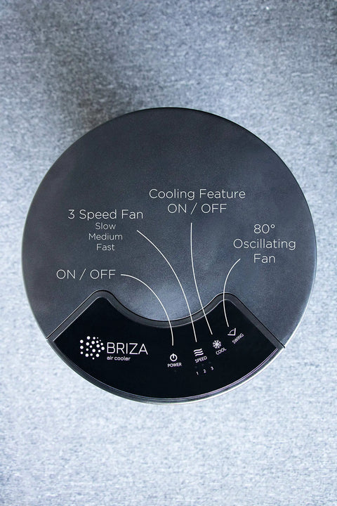 Top view of Portable Evaporative Air Cooler For Bedroom And Office Electric Standing Cooling Fan with controls in black.