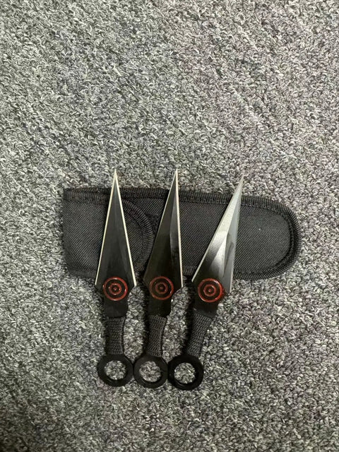 Dope Ninja Kunai Throwing Knife Set Three Piece Stainless Steel Blades With Nylon Sheath Six Point Five Inch Overall Black Red Finish